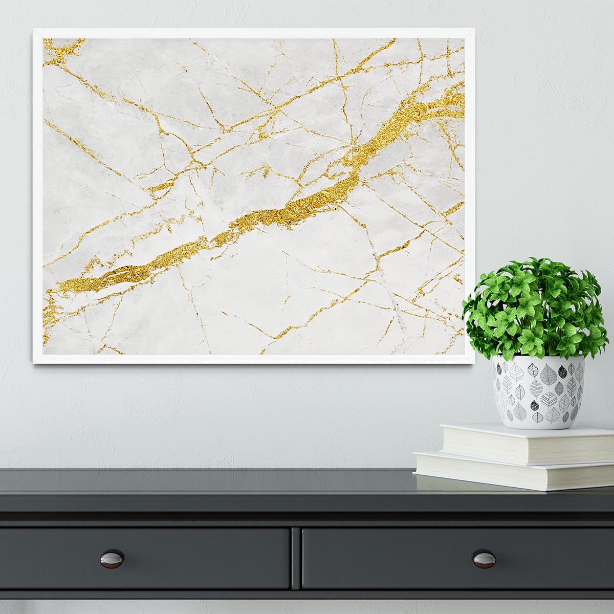 White and Gold Cracked Marble Framed Print - Canvas Art Rocks -6