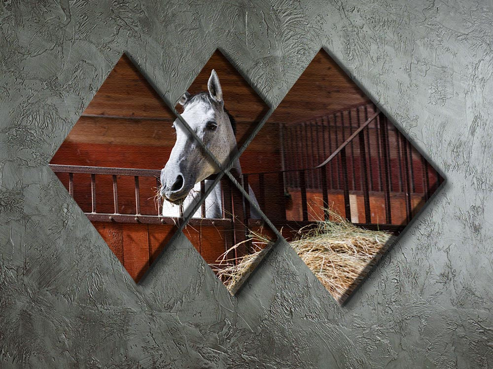 White horse eating hay in the stable 4 Square Multi Panel Canvas - Canvas Art Rocks - 2
