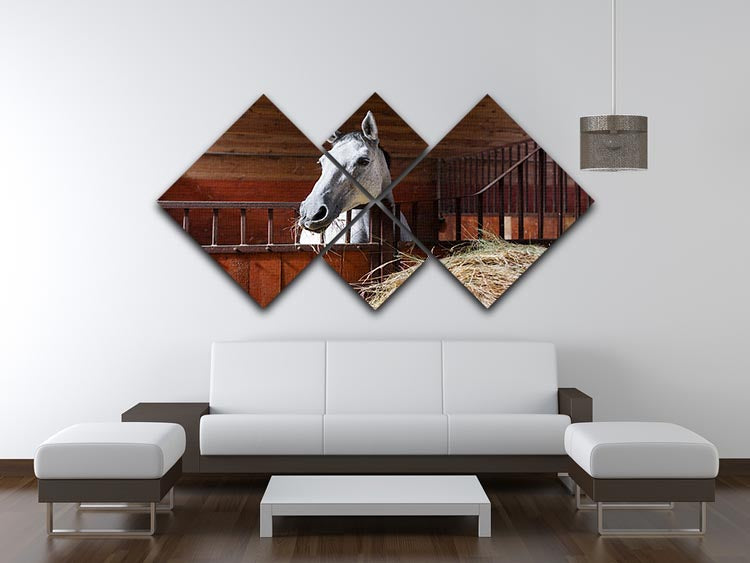 White horse eating hay in the stable 4 Square Multi Panel Canvas - Canvas Art Rocks - 3