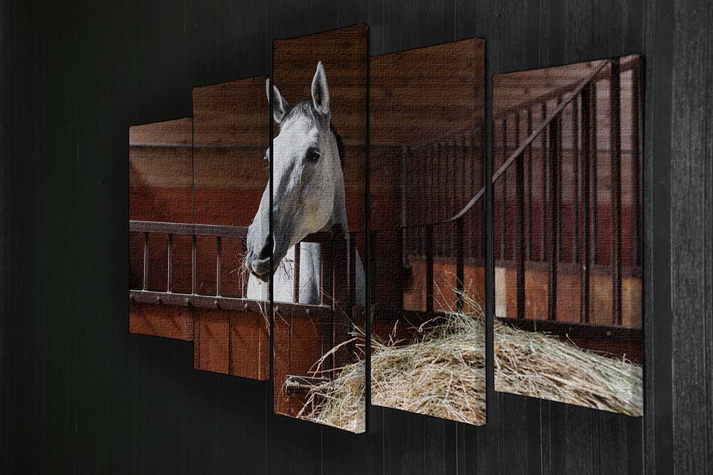 White horse eating hay in the stable 5 Split Panel Canvas - Canvas Art Rocks - 2