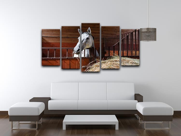 White horse eating hay in the stable 5 Split Panel Canvas - Canvas Art Rocks - 3