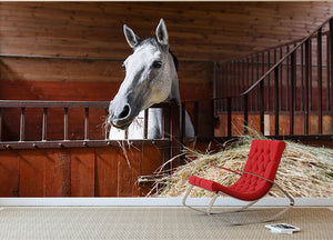 White horse eating hay in the stable Wall Mural Wallpaper - Canvas Art Rocks - 2