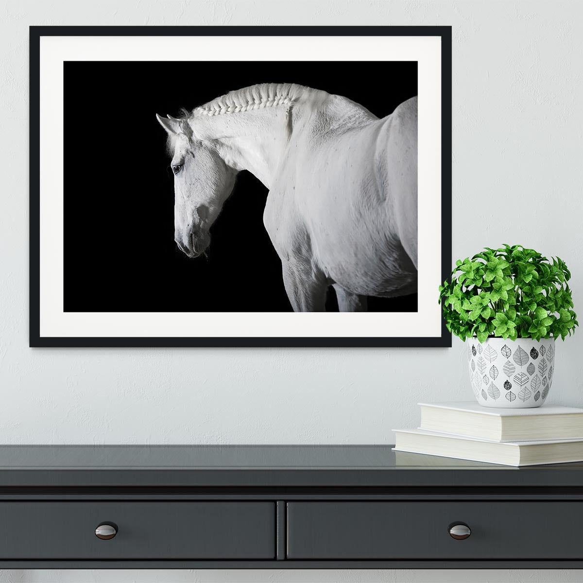 White horse on the black background Framed Print - Canvas Art Rocks - 1