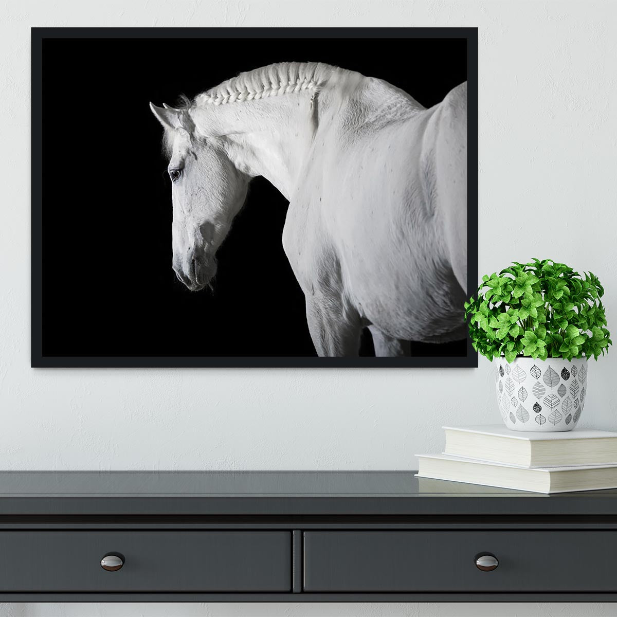 White horse on the black background Framed Print - Canvas Art Rocks - 2