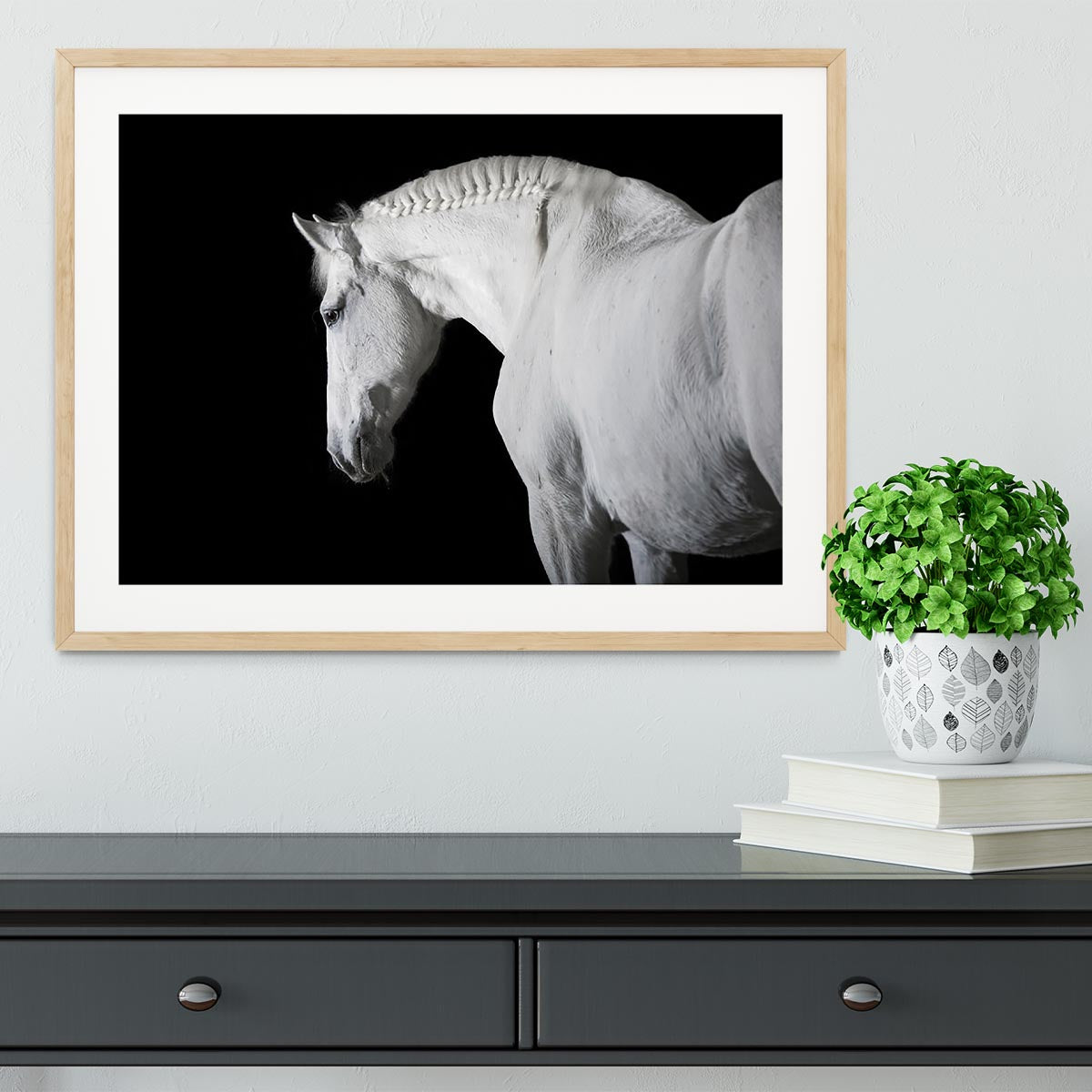 White horse on the black background Framed Print - Canvas Art Rocks - 3