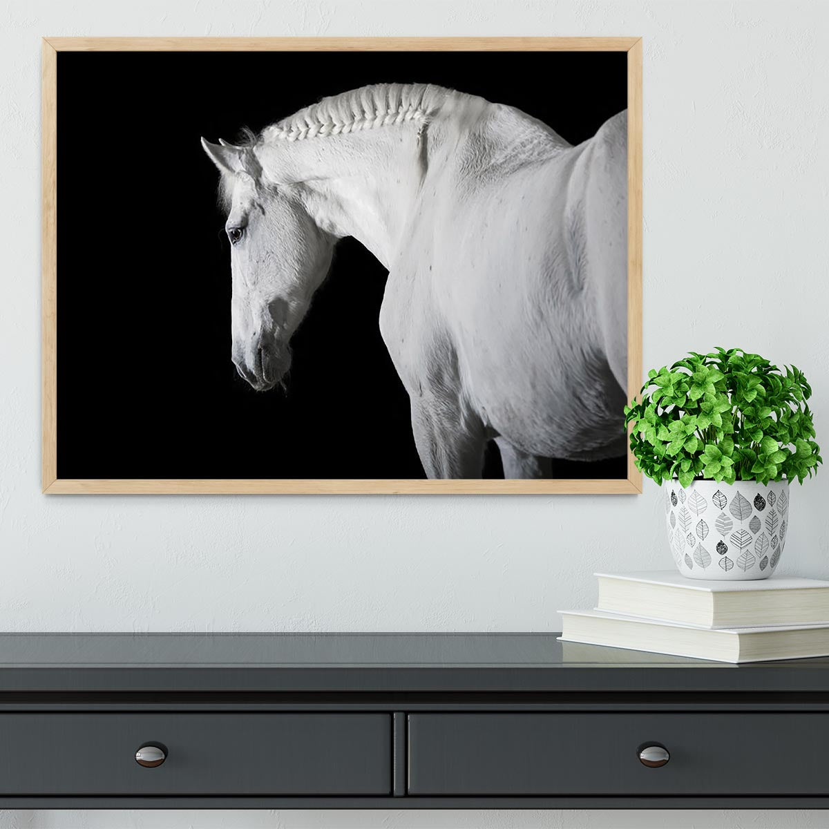 White horse on the black background Framed Print - Canvas Art Rocks - 4
