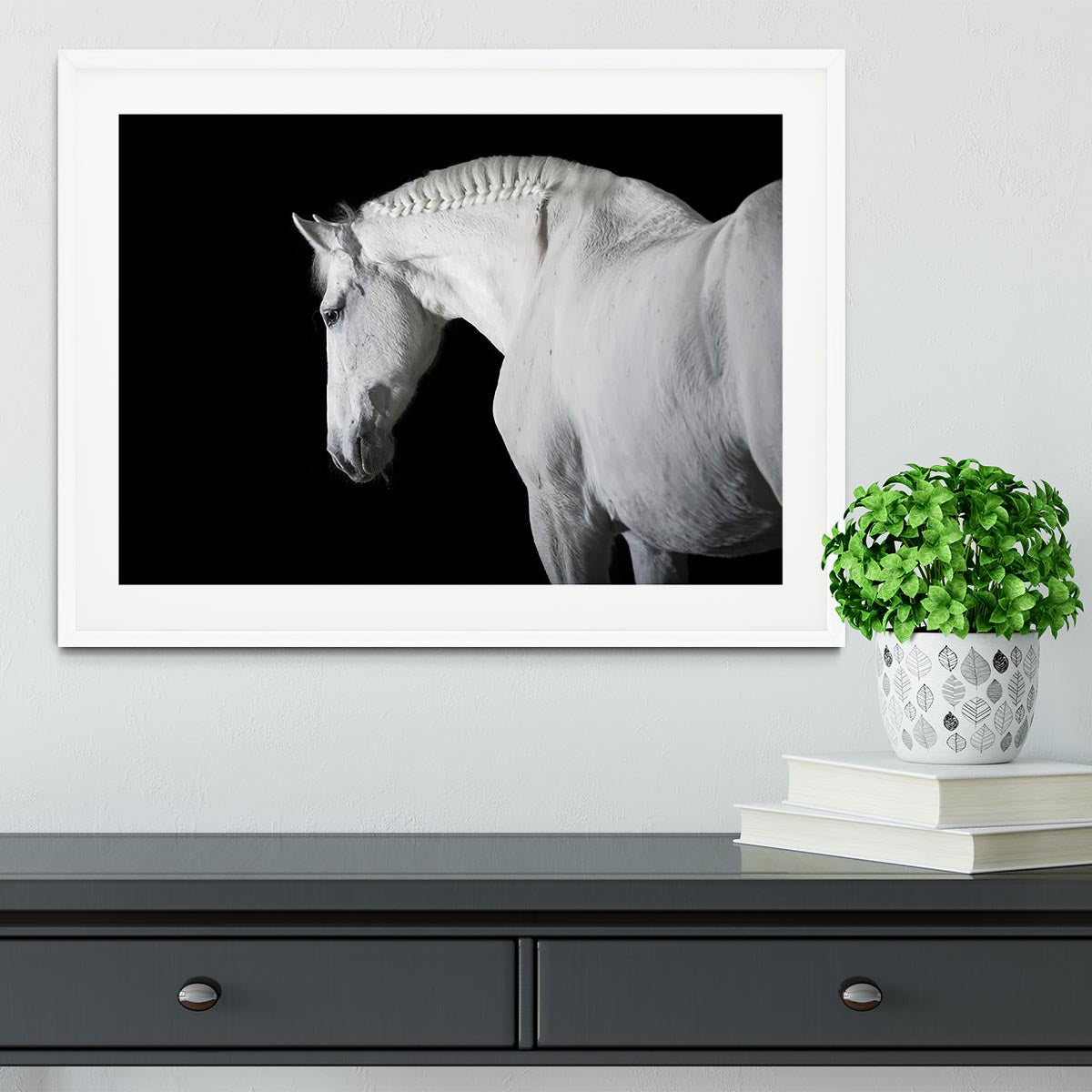 White horse on the black background Framed Print - Canvas Art Rocks - 5