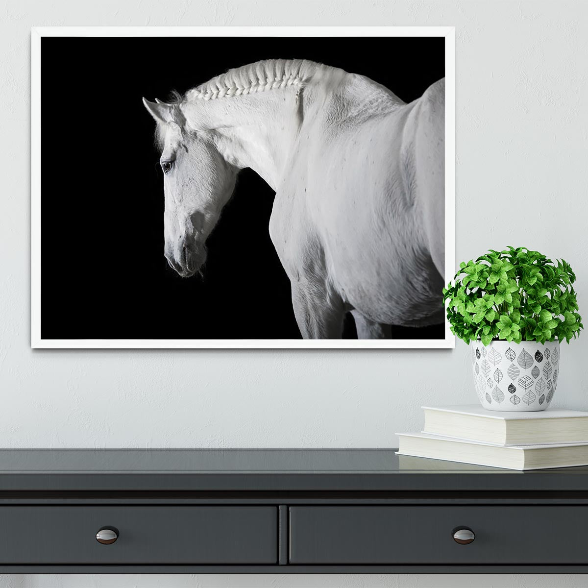 White horse on the black background Framed Print - Canvas Art Rocks -6