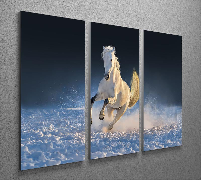 White horse run in snow at sunset 3 Split Panel Canvas Print - Canvas Art Rocks - 2