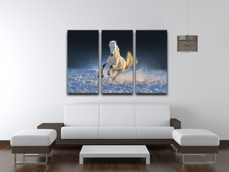 White horse run in snow at sunset 3 Split Panel Canvas Print - Canvas Art Rocks - 3