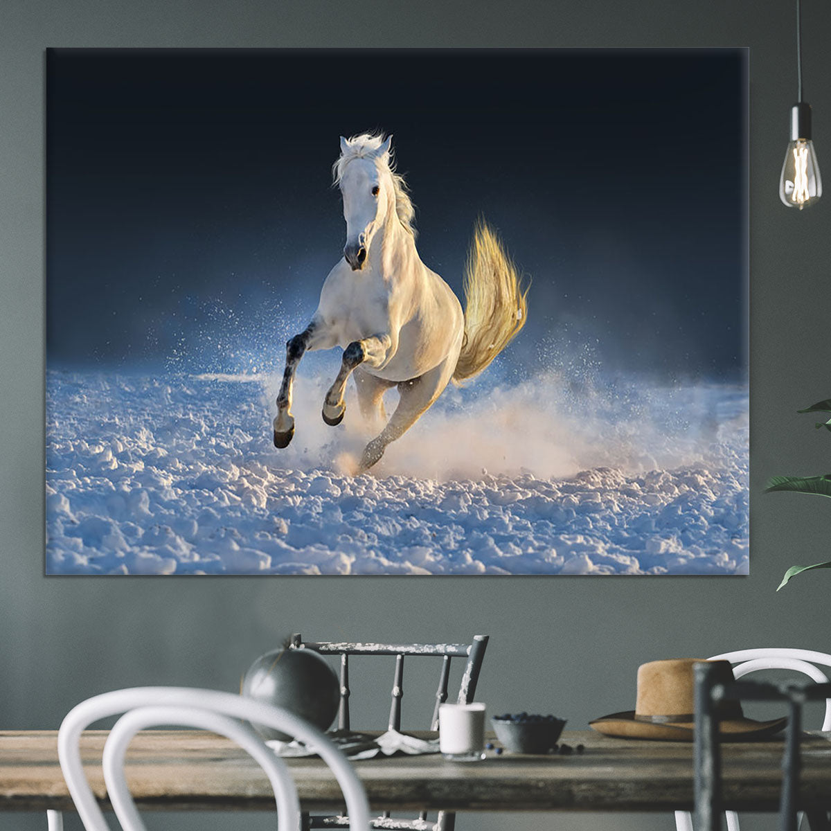 White horse run in snow at sunset Canvas Print or Poster - Canvas Art Rocks - 3