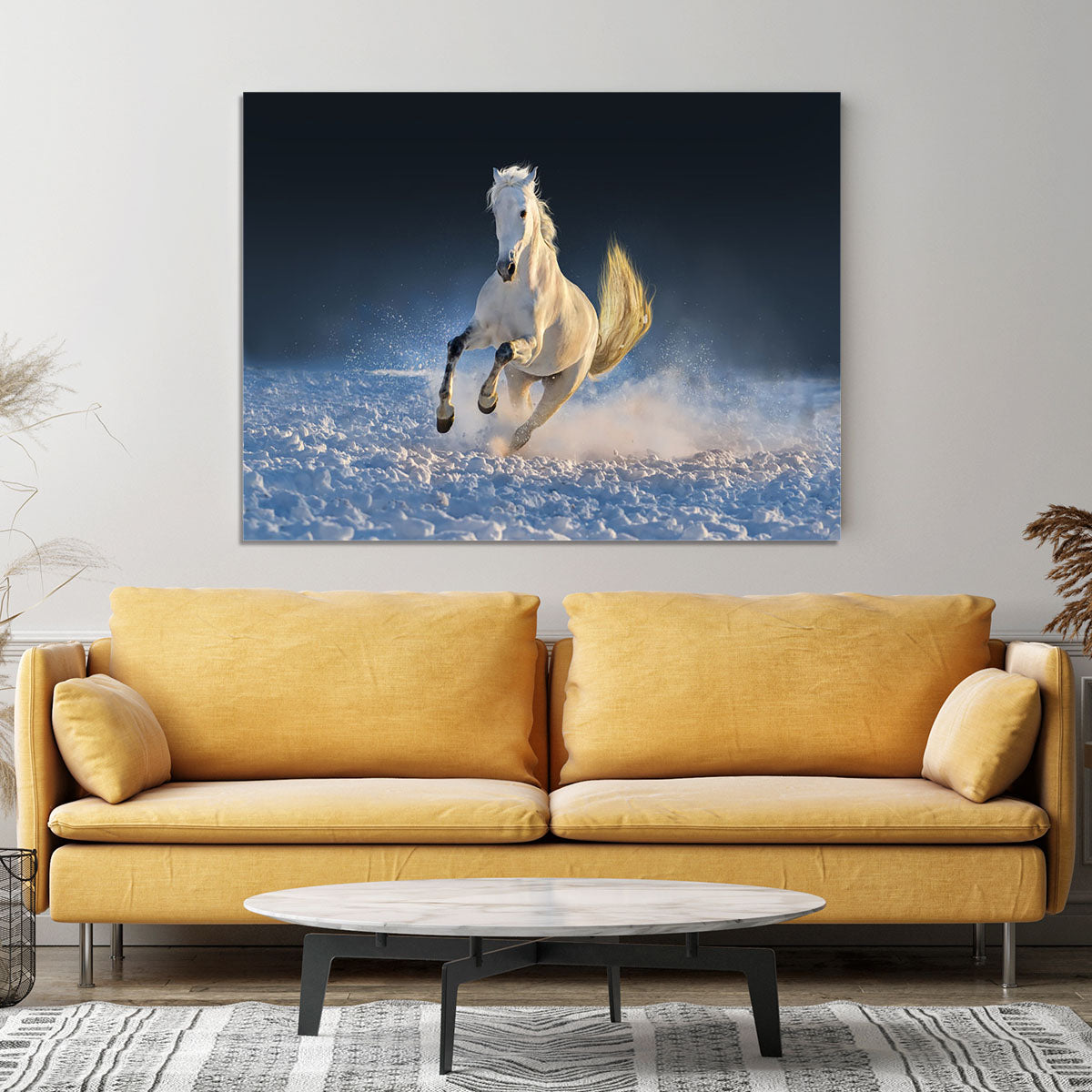 White horse run in snow at sunset Canvas Print or Poster - Canvas Art Rocks - 4