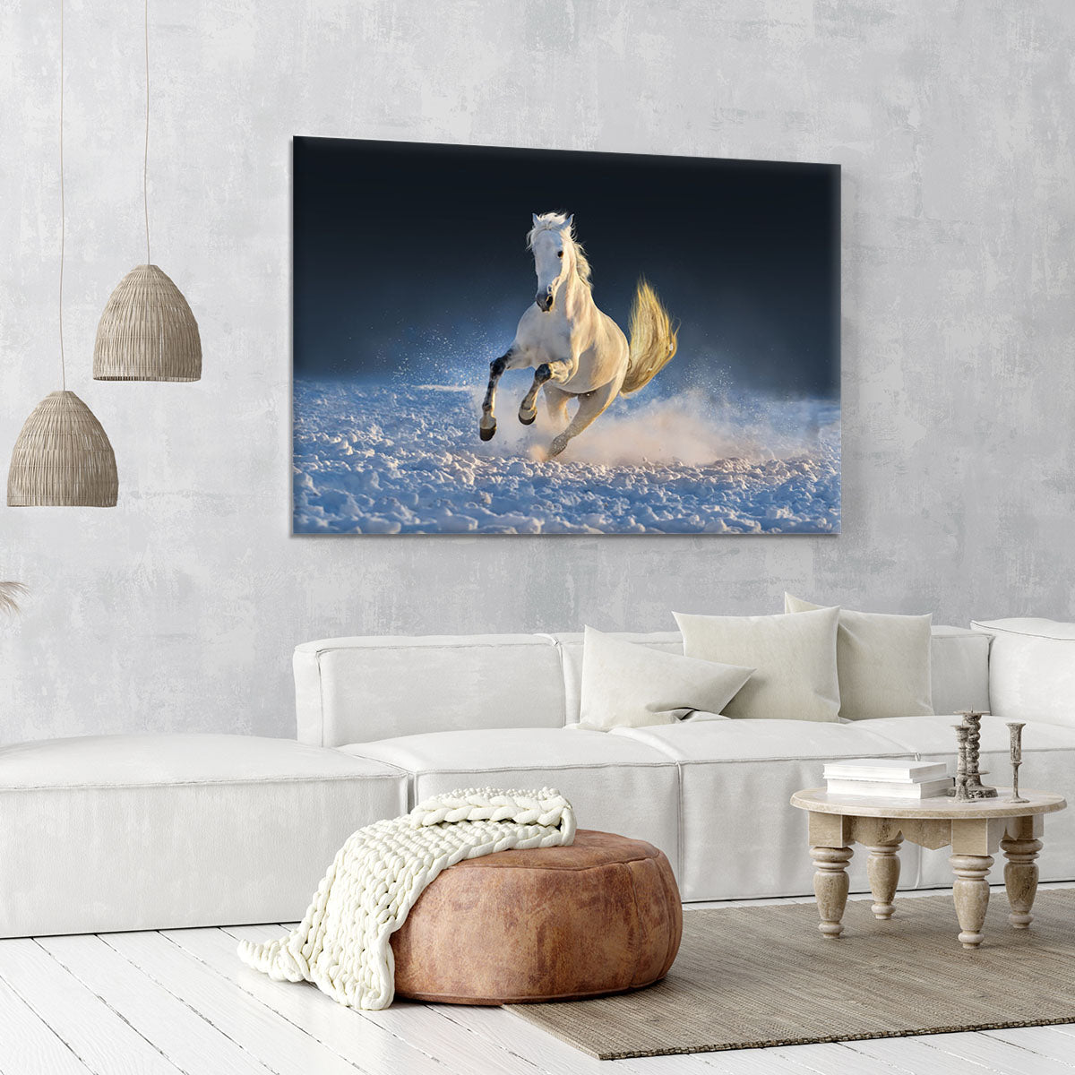 White horse run in snow at sunset Canvas Print or Poster - Canvas Art Rocks - 6