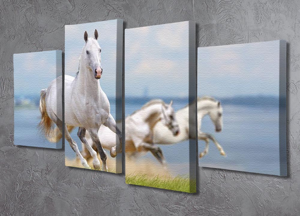 White horses running near water 4 Split Panel Canvas - Canvas Art Rocks - 2