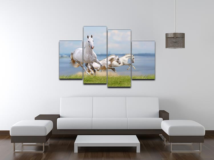 White horses running near water 4 Split Panel Canvas - Canvas Art Rocks - 3