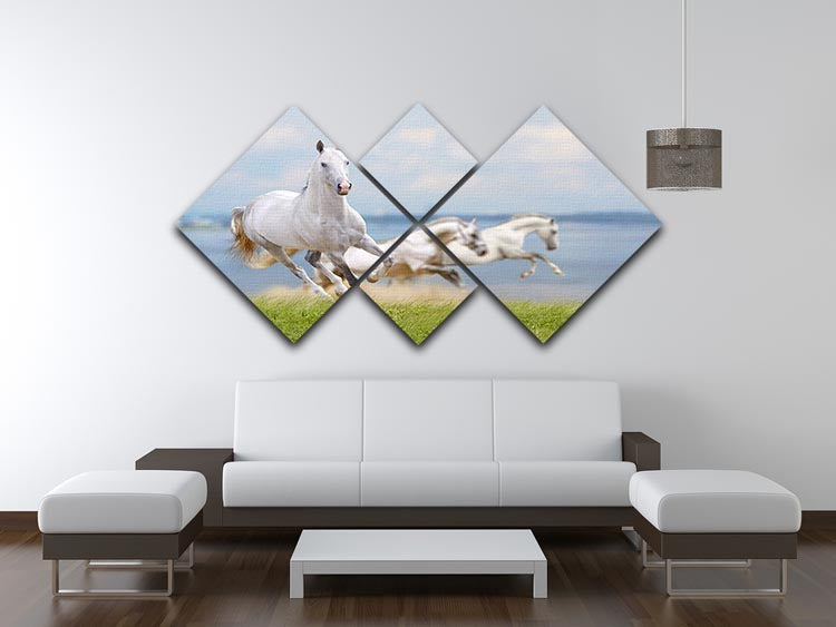 White horses running near water 4 Square Multi Panel Canvas - Canvas Art Rocks - 3
