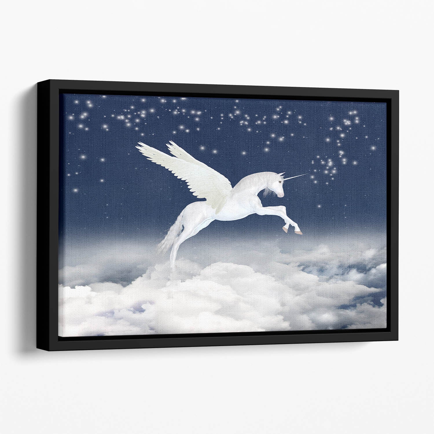 White unicorn flying in the sky Floating Framed Canvas