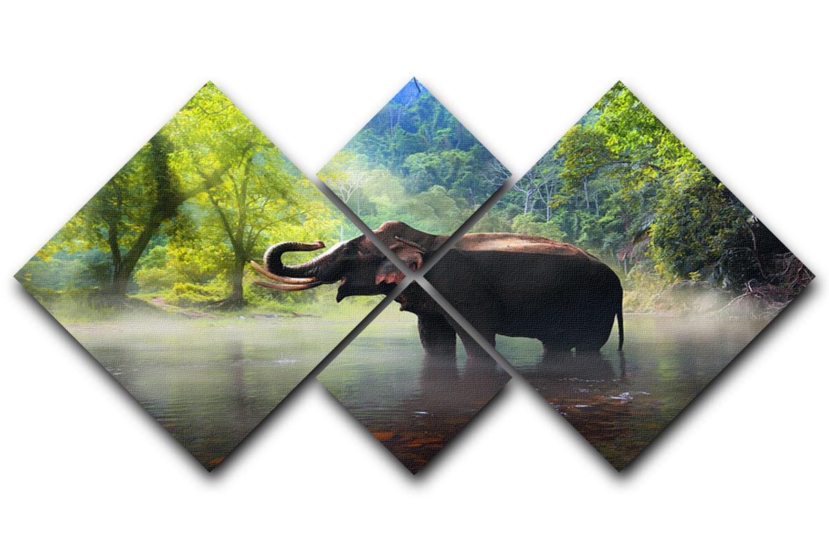 Wild elephant in the beautiful forest 4 Square Multi Panel Canvas - Canvas Art Rocks - 1