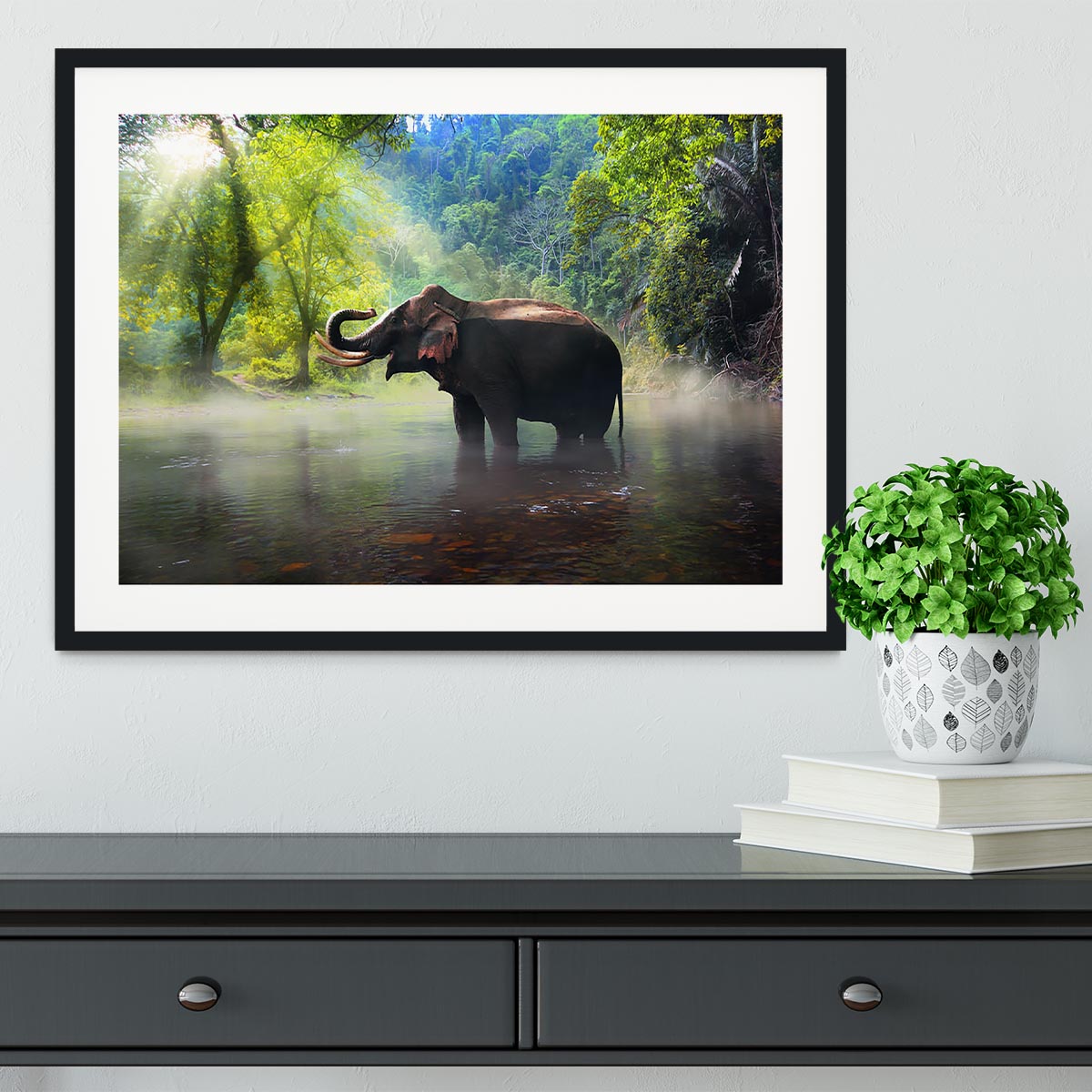 Wild elephant in the beautiful forest Framed Print - Canvas Art Rocks - 1
