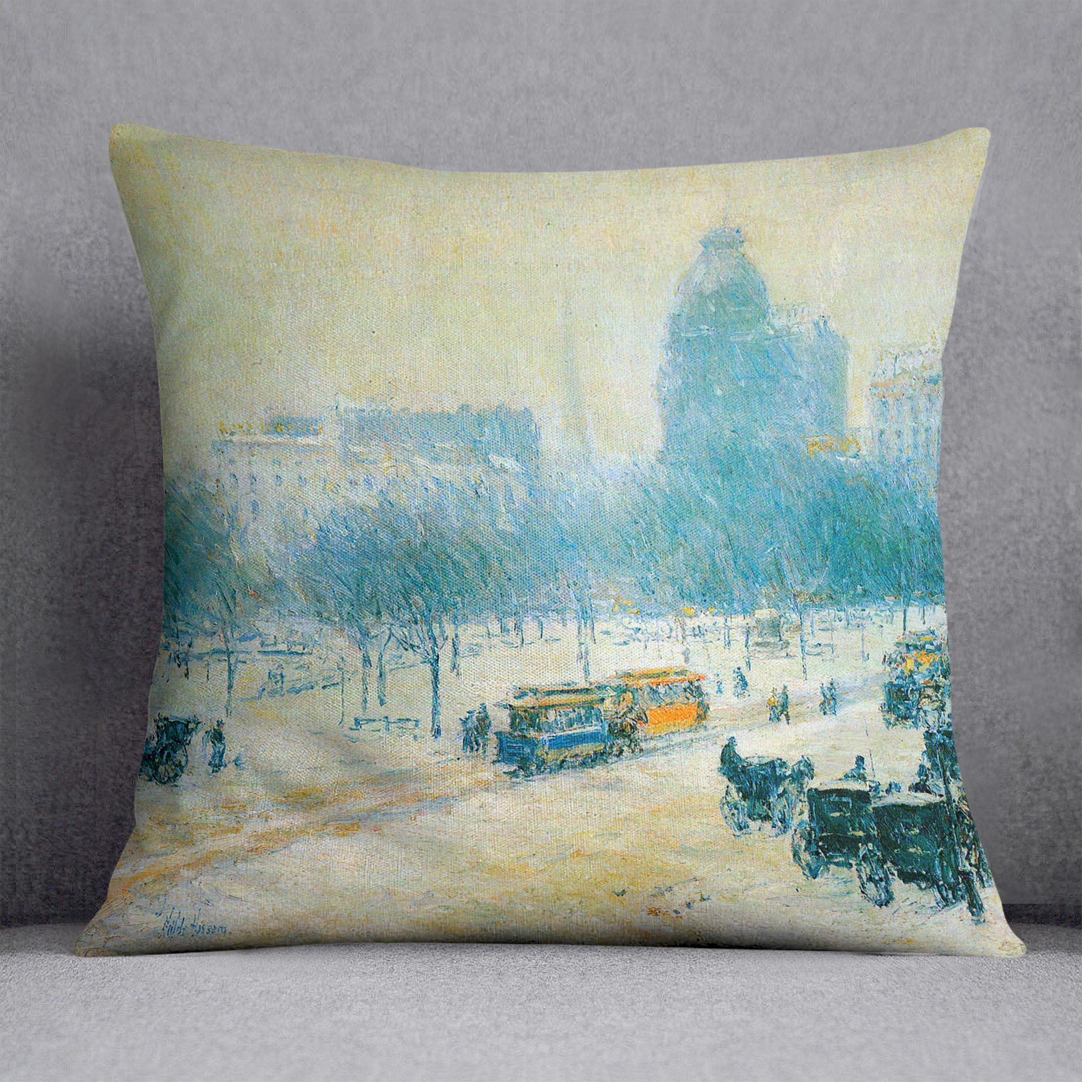 Winter in Union Square by Hassam Cushion - Canvas Art Rocks - 1