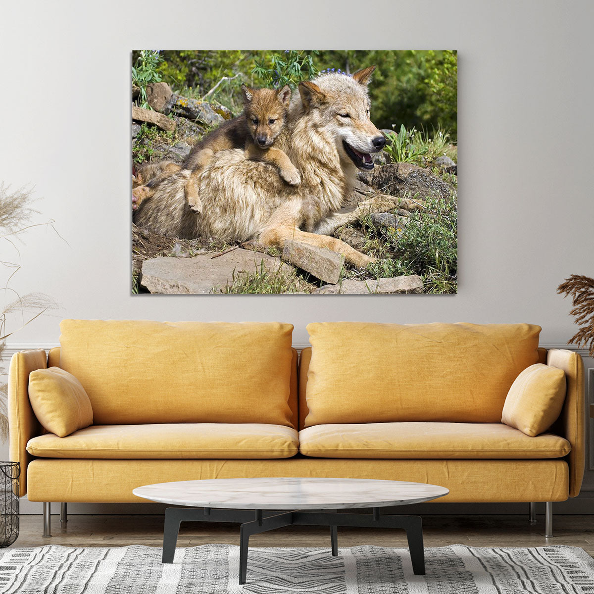 Wolf cubs and mother at den site Canvas Print or Poster - Canvas Art Rocks - 4