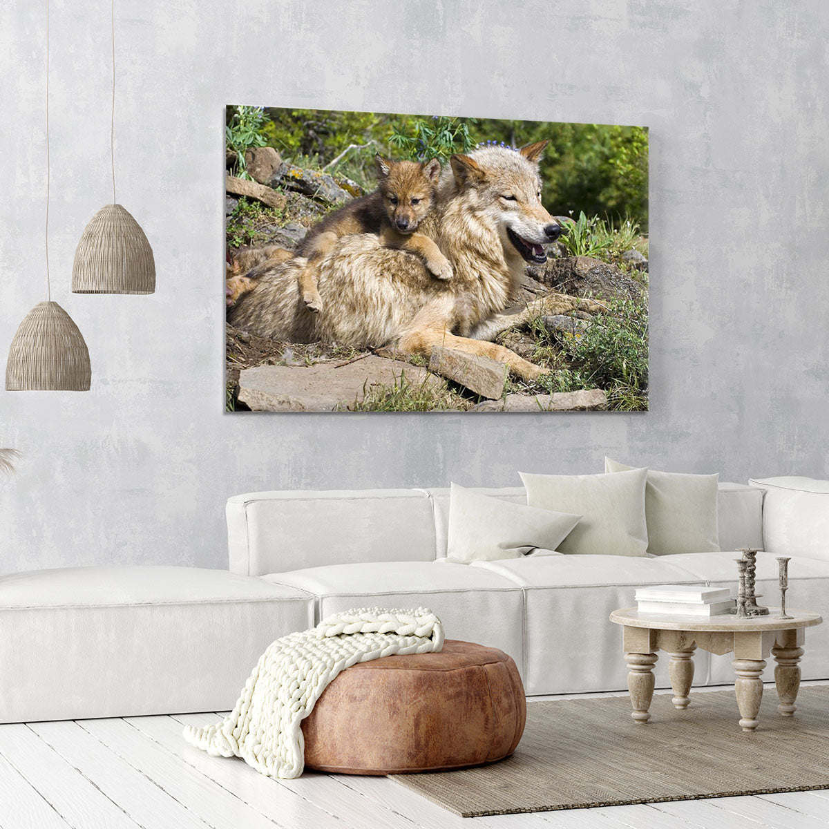 Wolf cubs and mother at den site Canvas Print or Poster - Canvas Art Rocks - 6