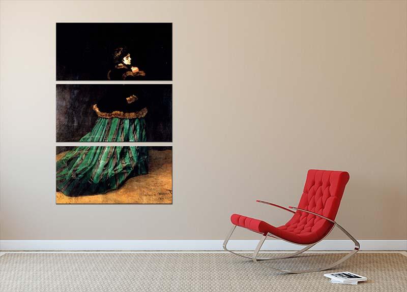 Woman In A Green Dress by Monet 3 Split Panel Canvas Print - Canvas Art Rocks - 2