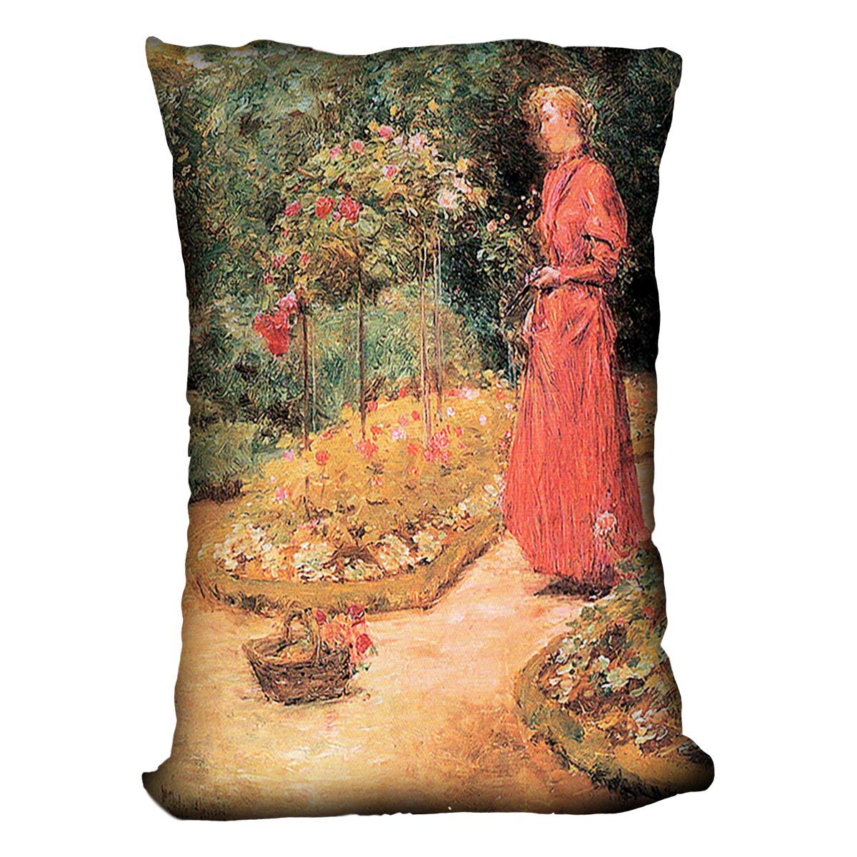 Woman cuts roses in a garden by Hassam Cushion - Canvas Art Rocks - 4