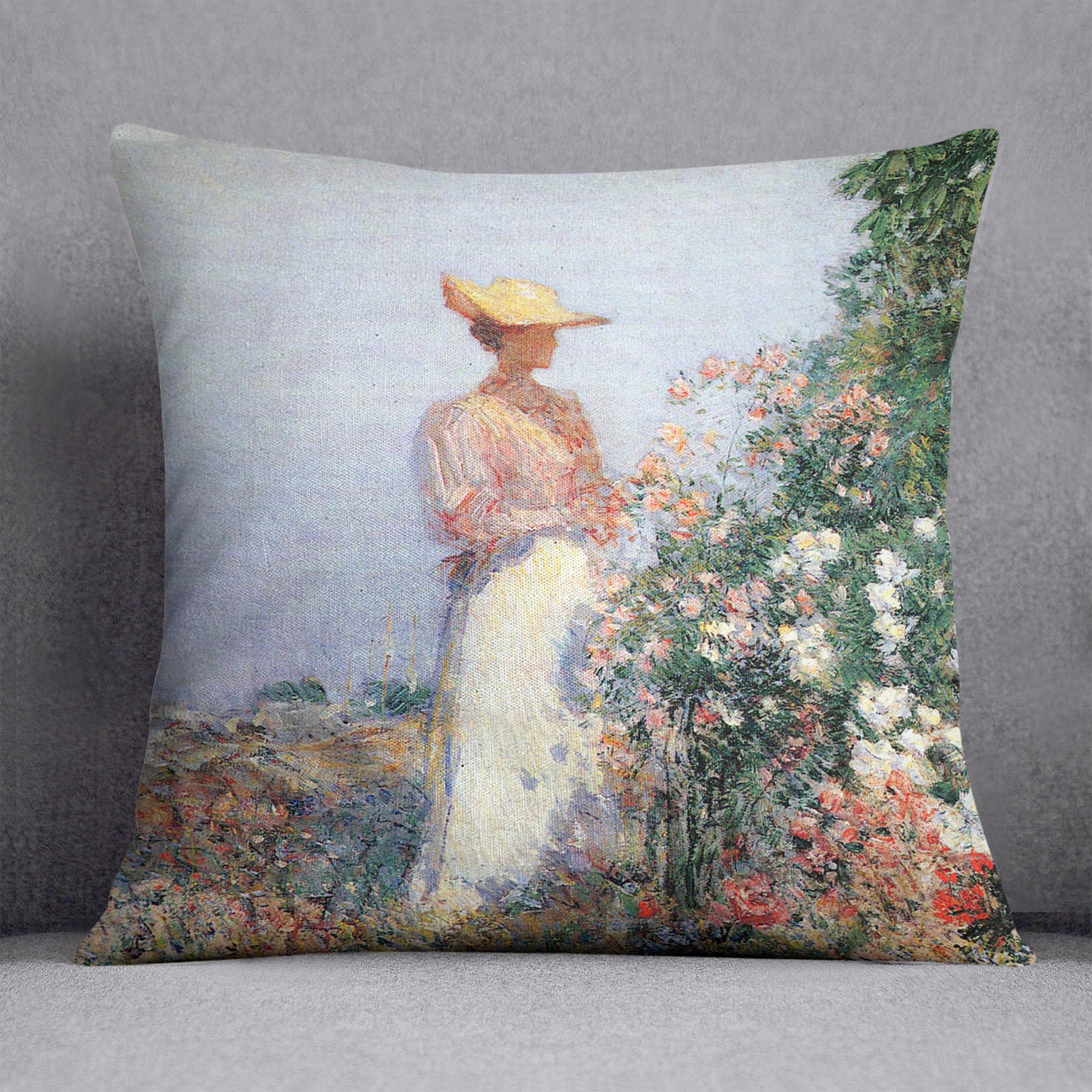 Woman in Garden by Hassam Cushion - Canvas Art Rocks - 1