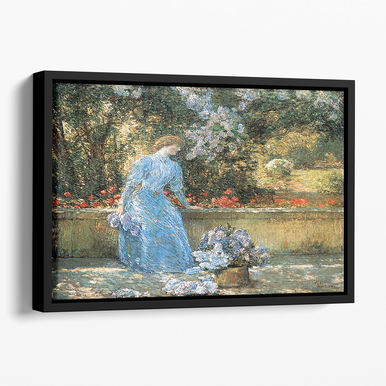 Woman in park by Hassam Floating Framed Canvas - Canvas Art Rocks - 1