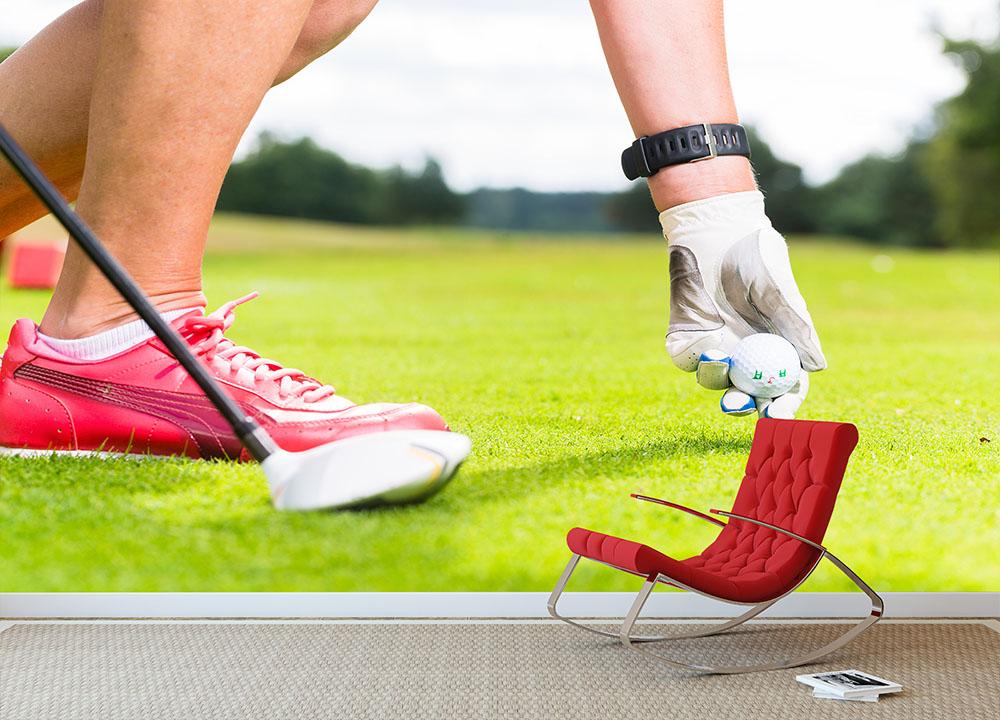 Woman putting golf ball on tee Wall Mural Wallpaper - Canvas Art Rocks - 2