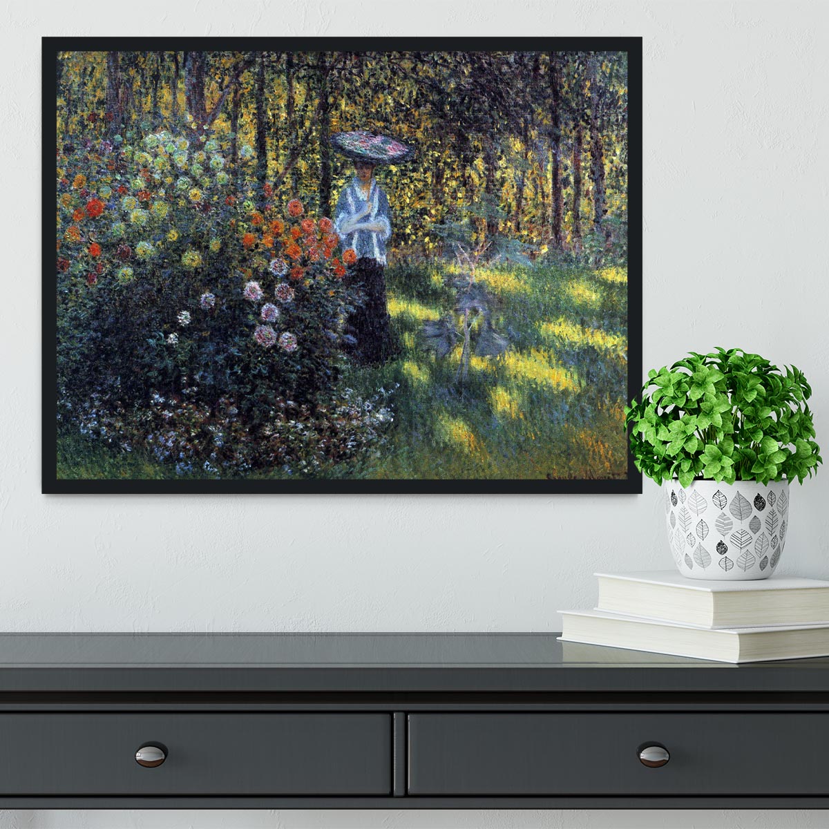 Woman with a parasol in the garden of Argenteuil by Monet Framed Print - Canvas Art Rocks - 2