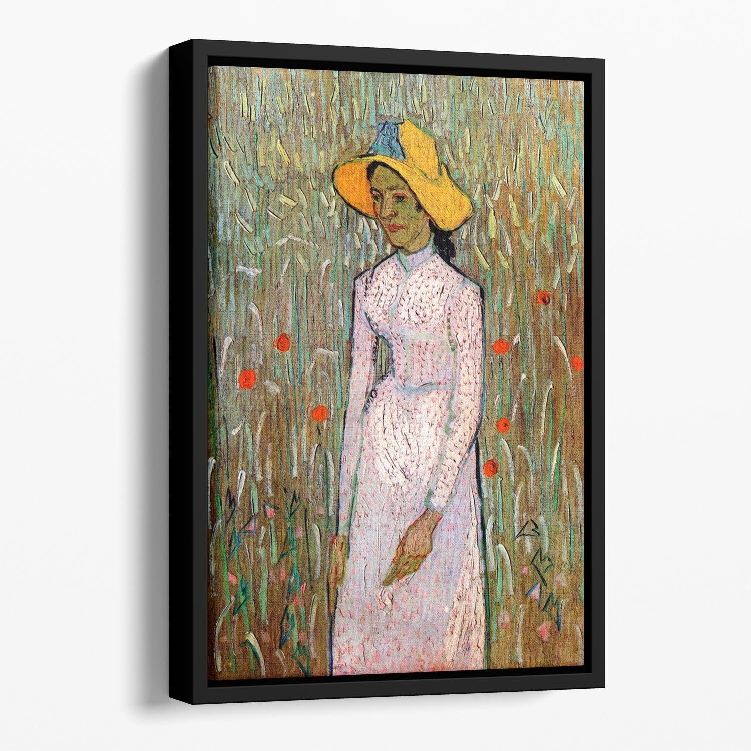 Young Girl Standing Against a Background of Wheat by Van Gogh Floating Framed Canvas