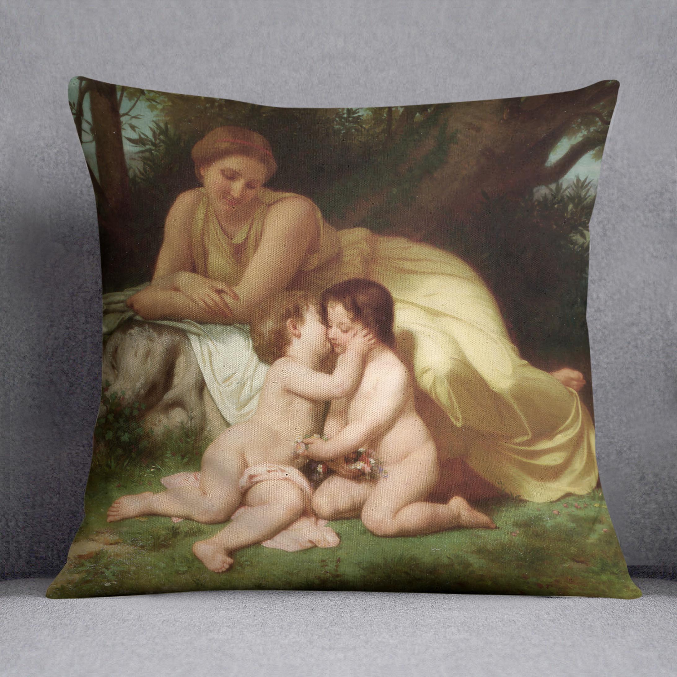 Young Woman Contemplating Two Embracing Children By Bouguereau Cushion