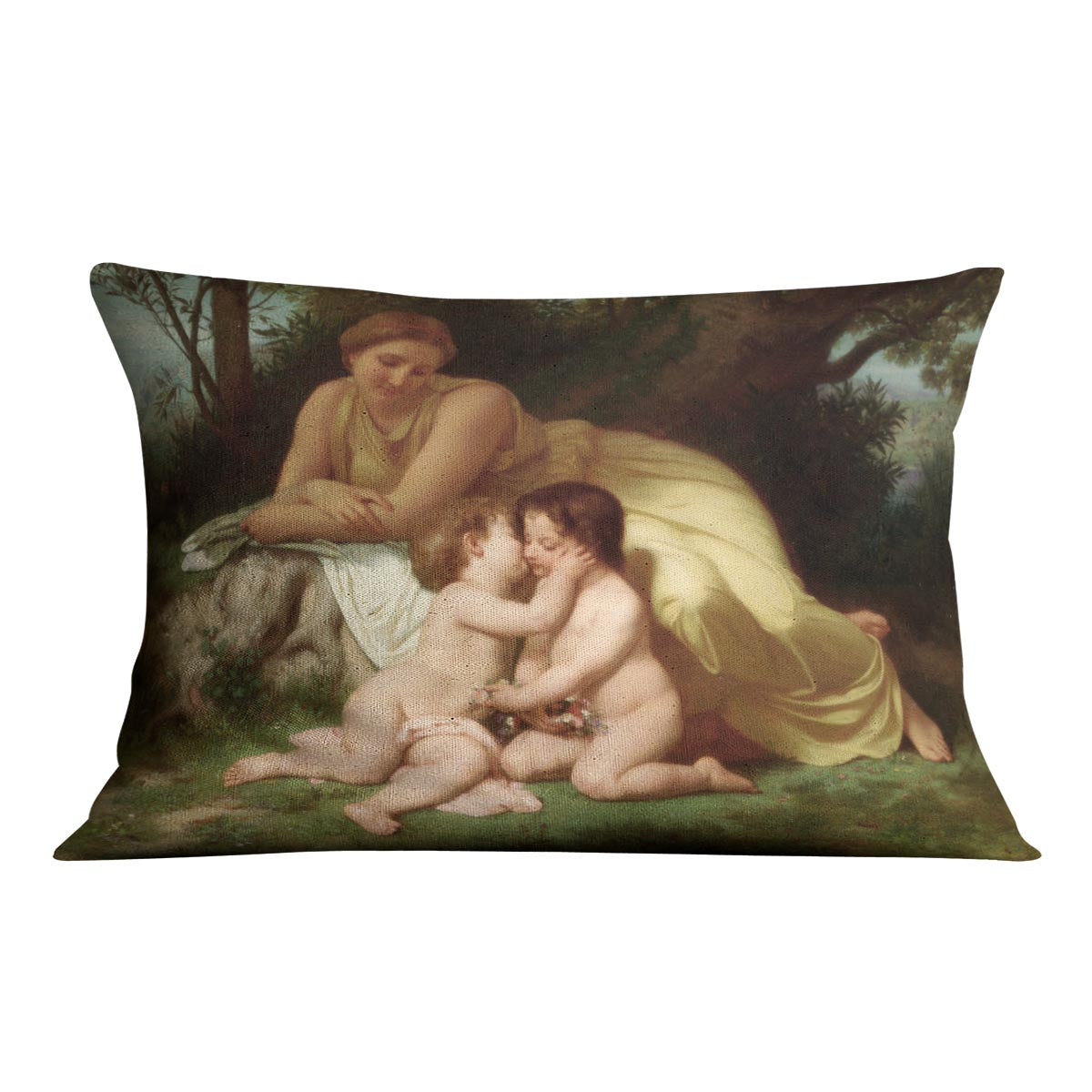 Young Woman Contemplating Two Embracing Children By Bouguereau Cushion