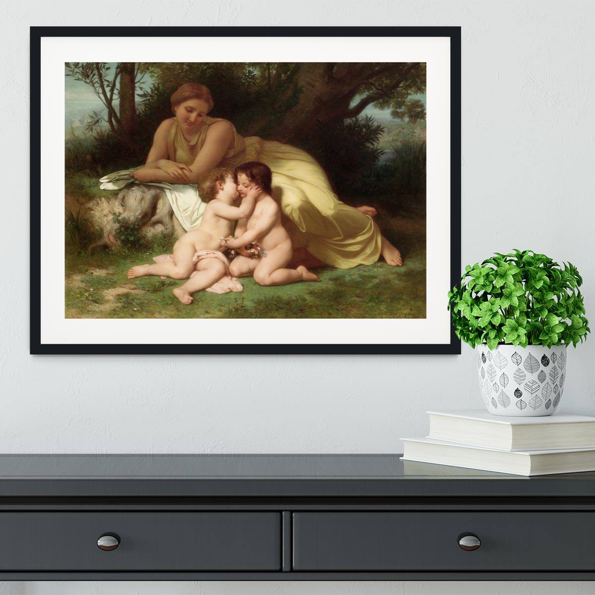 Young Woman Contemplating Two Embracing Children By Bouguereau Framed Print - Canvas Art Rocks - 1