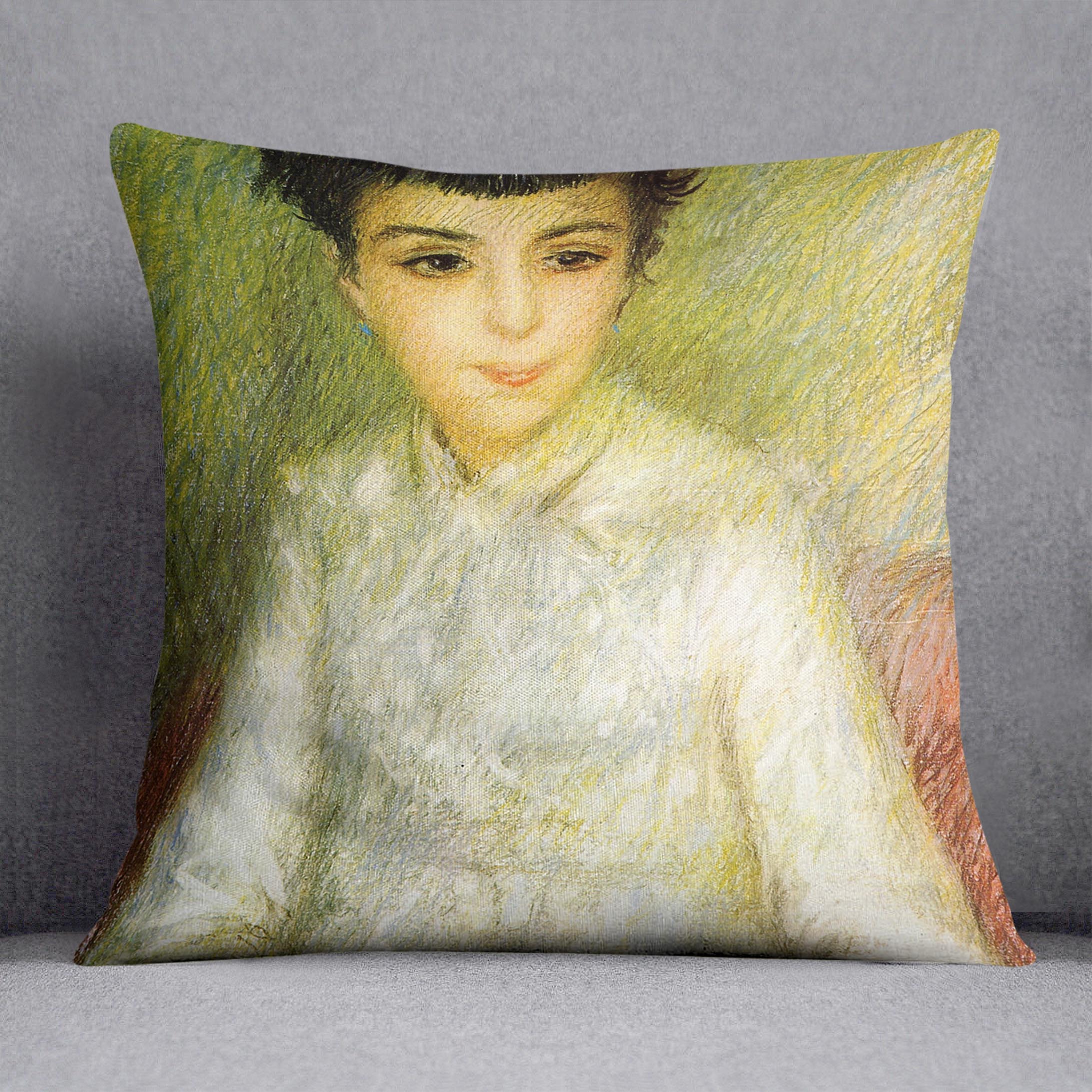 Young girl with brown hair by Renoir Cushion