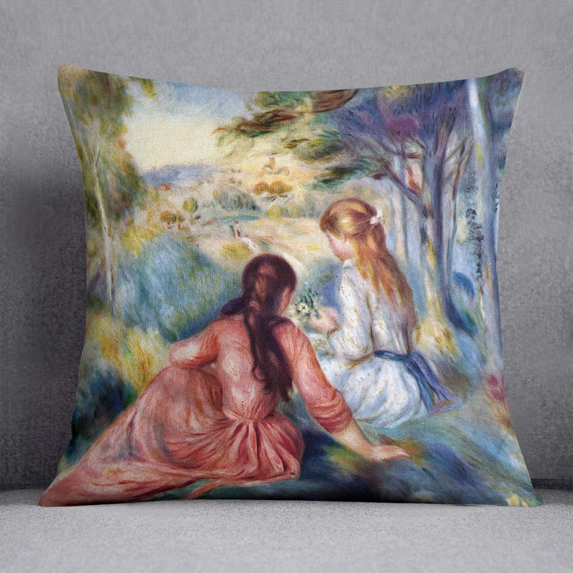 Young girls in the meadow by Renoir Cushion