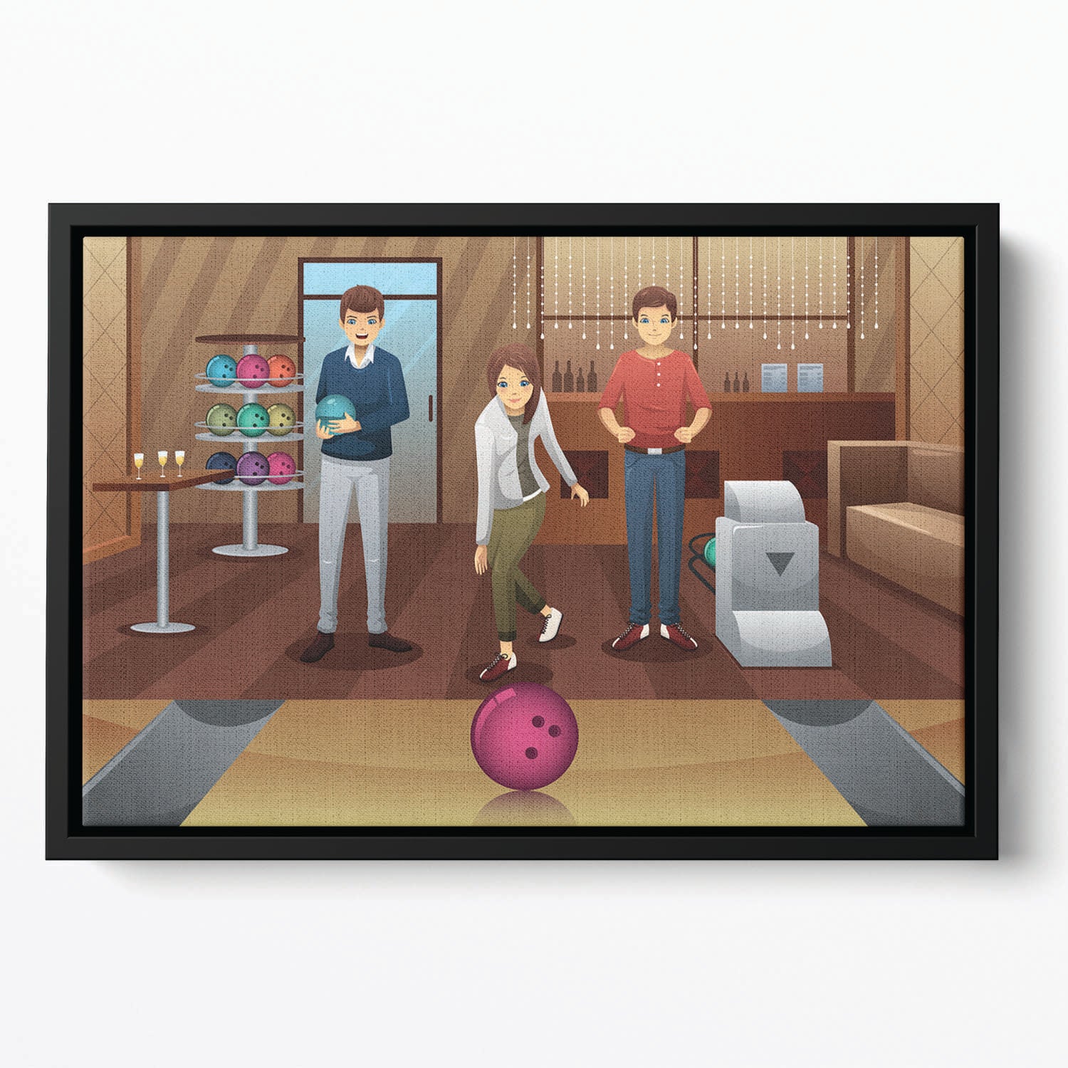 Young people playing bowling together Floating Framed Canvas