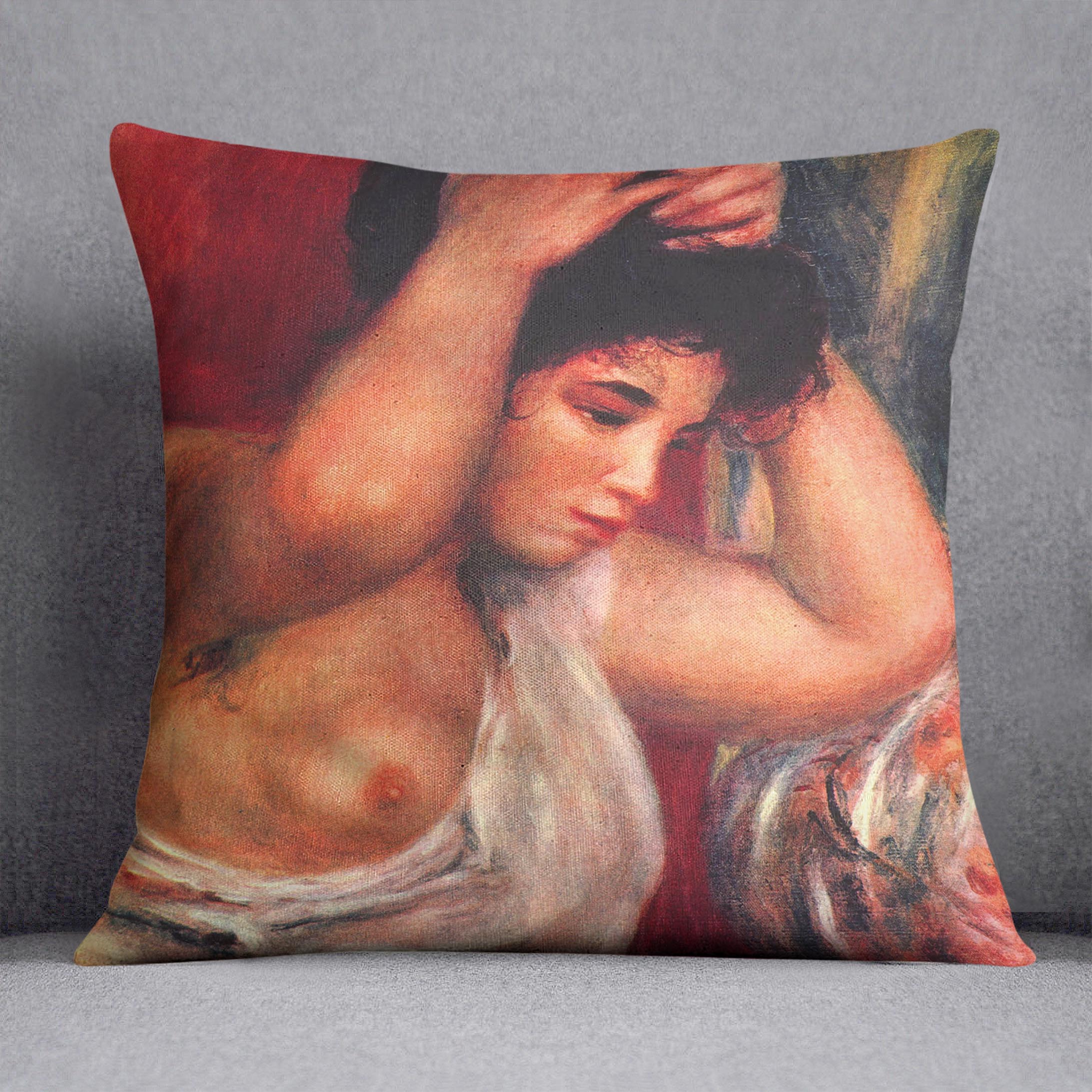 Young woman hairdressing by Renoir Cushion