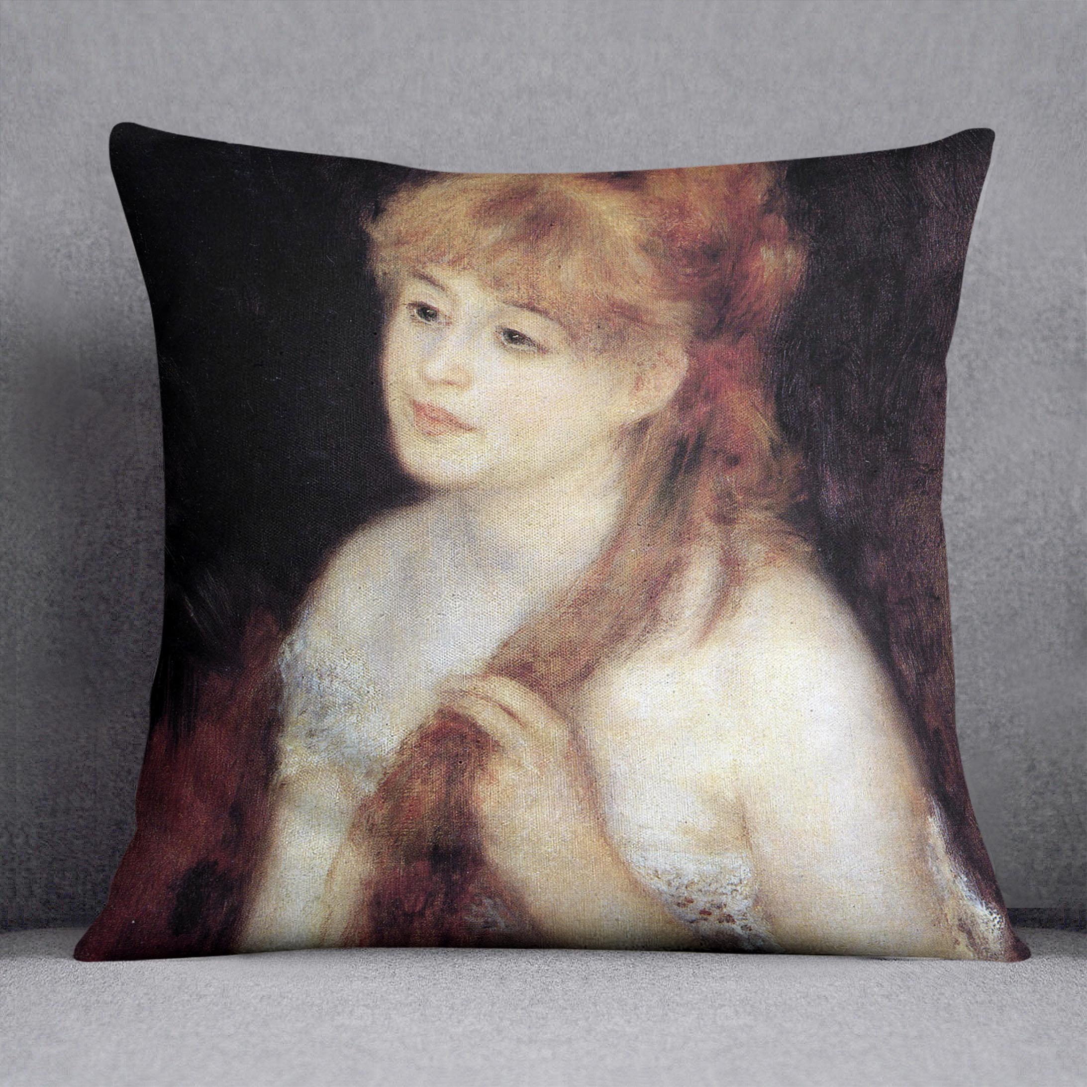 Young woman strokes her hair by Renoir Cushion