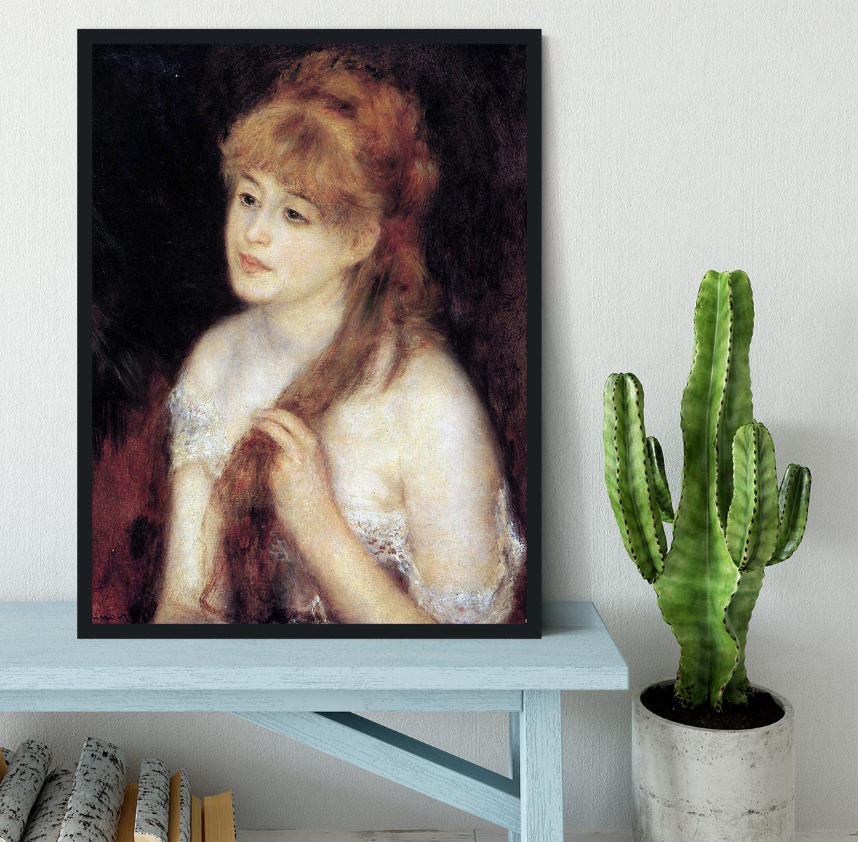 Young woman strokes her hair by Renoir Framed Print - Canvas Art Rocks - 2