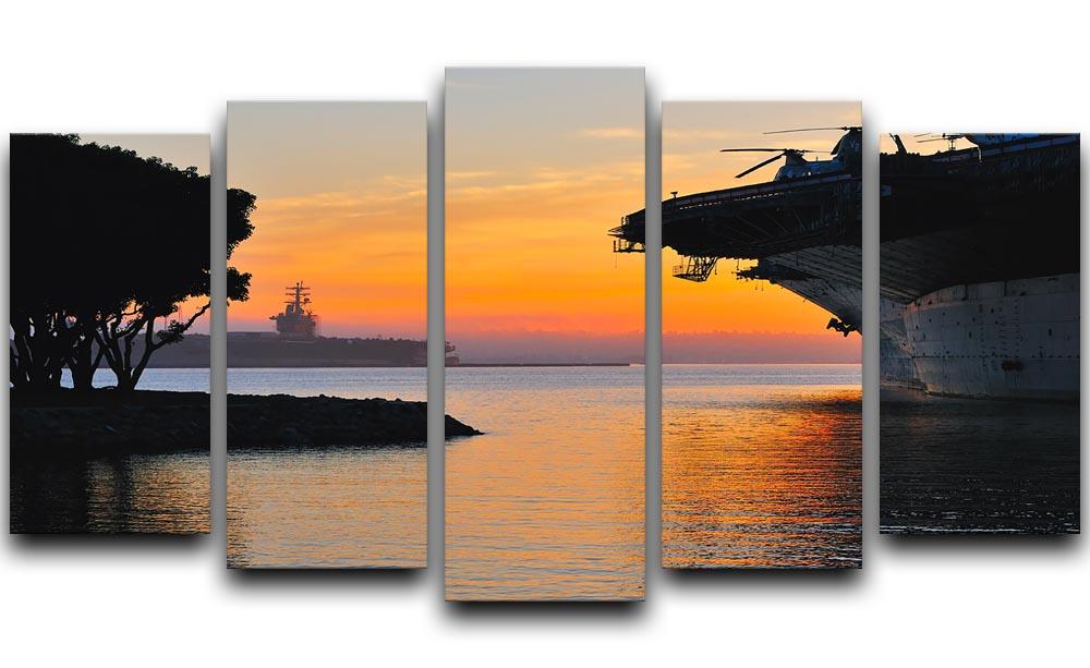 aircraft carrier in harbour in sunset 5 Split Panel Canvas  - Canvas Art Rocks - 1
