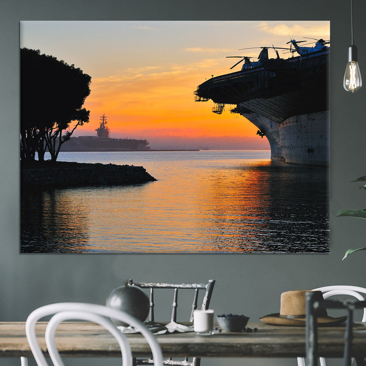 aircraft carrier in harbour in sunset Canvas Print or Poster - Canvas Art Rocks - 3