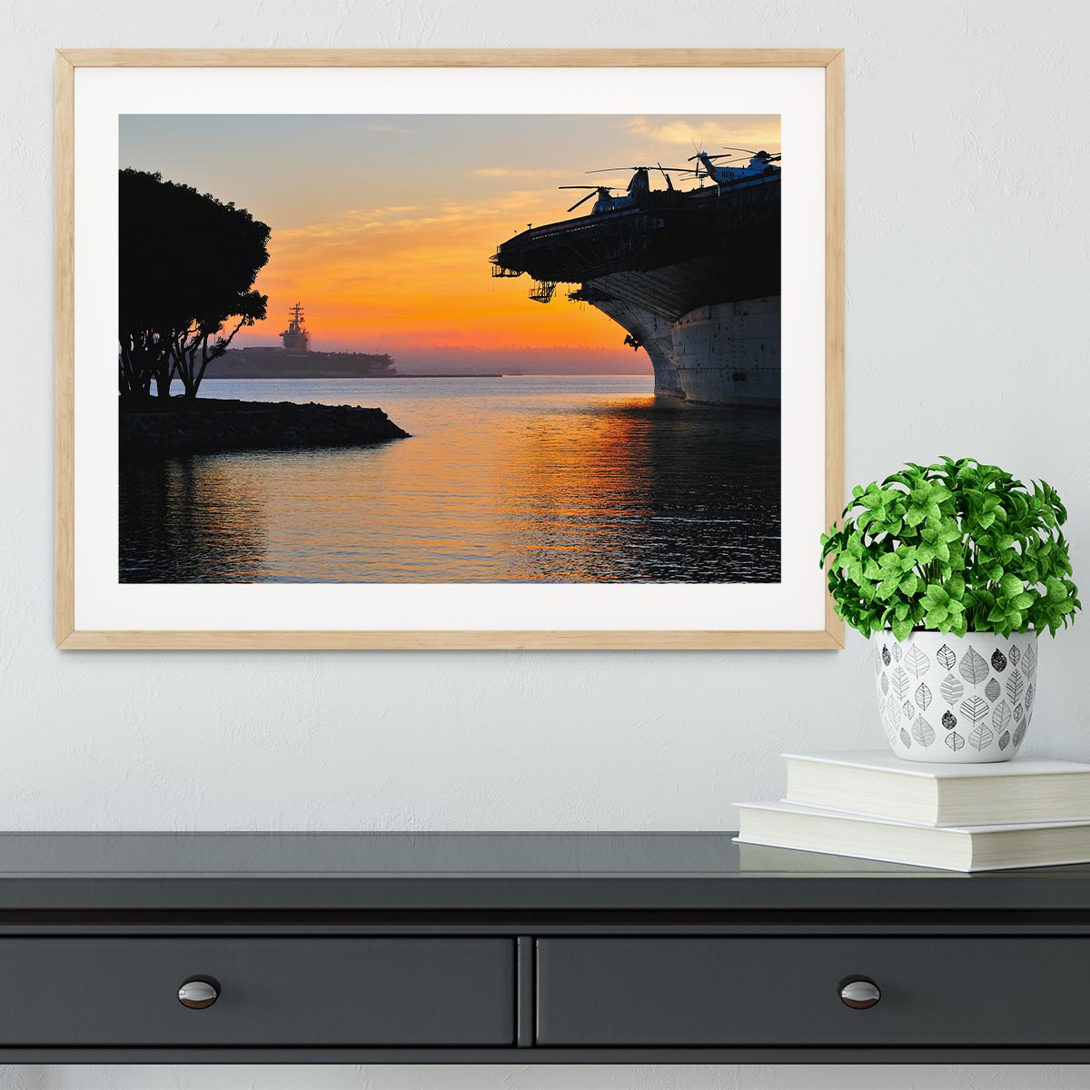 aircraft carrier in harbour in sunset Framed Print - Canvas Art Rocks - 3