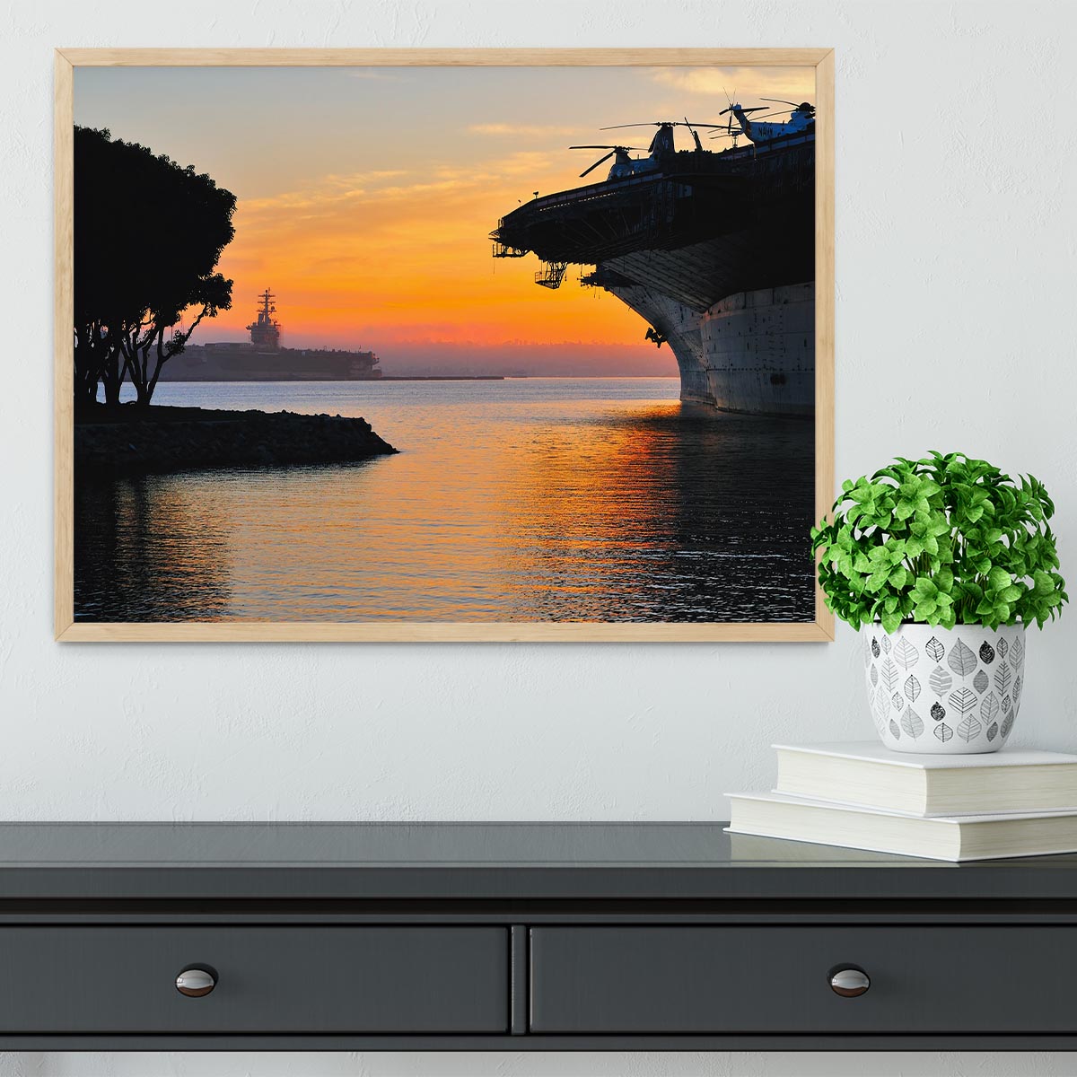 aircraft carrier in harbour in sunset Framed Print - Canvas Art Rocks - 4