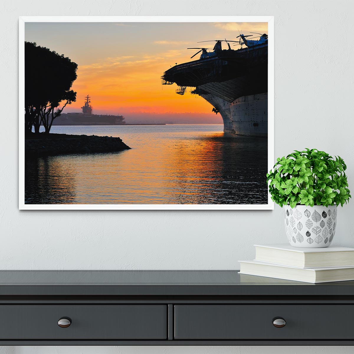 aircraft carrier in harbour in sunset Framed Print - Canvas Art Rocks -6