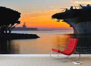 aircraft carrier in harbour in sunset Wall Mural Wallpaper - Canvas Art Rocks - 2