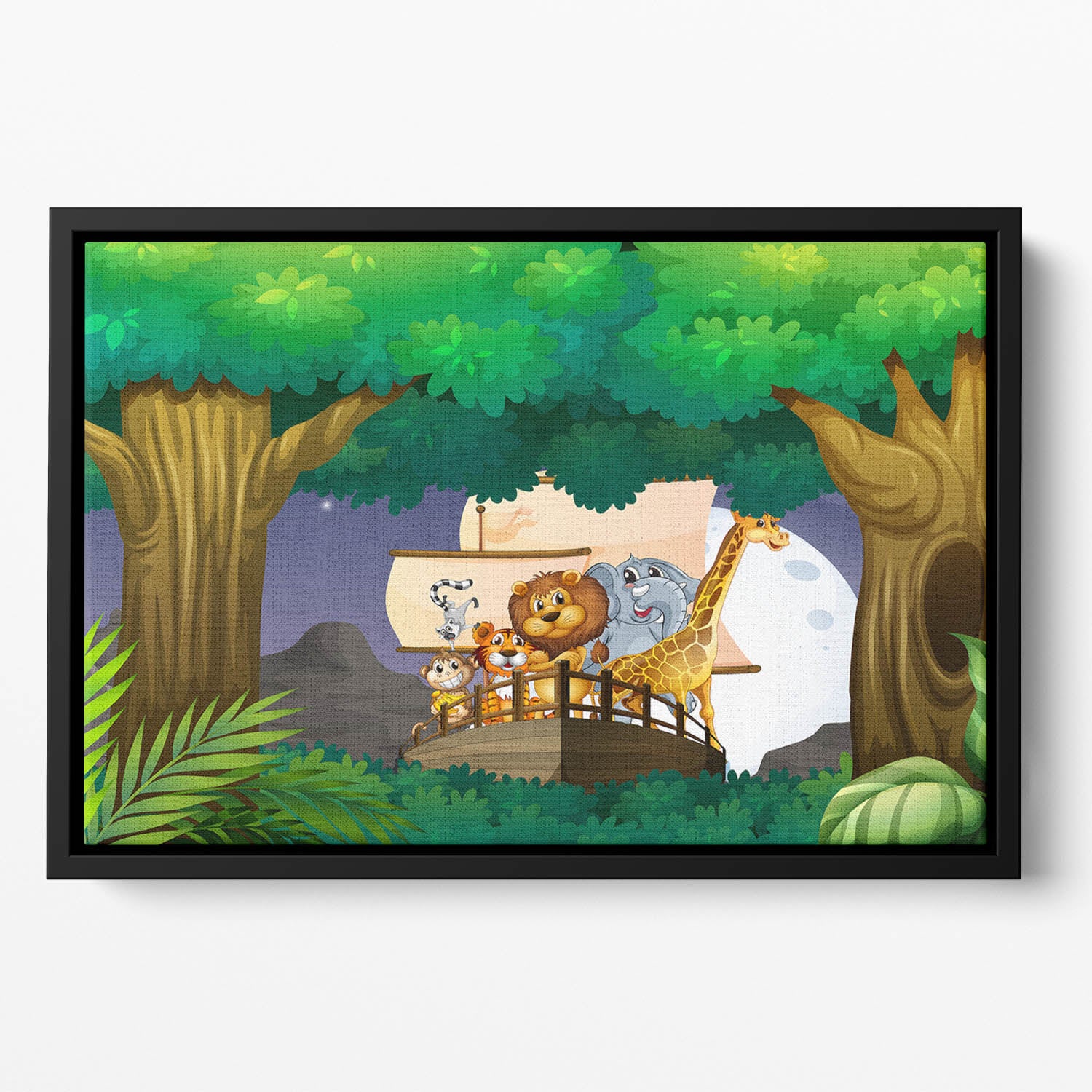animals on boat in the jungle Floating Framed Canvas