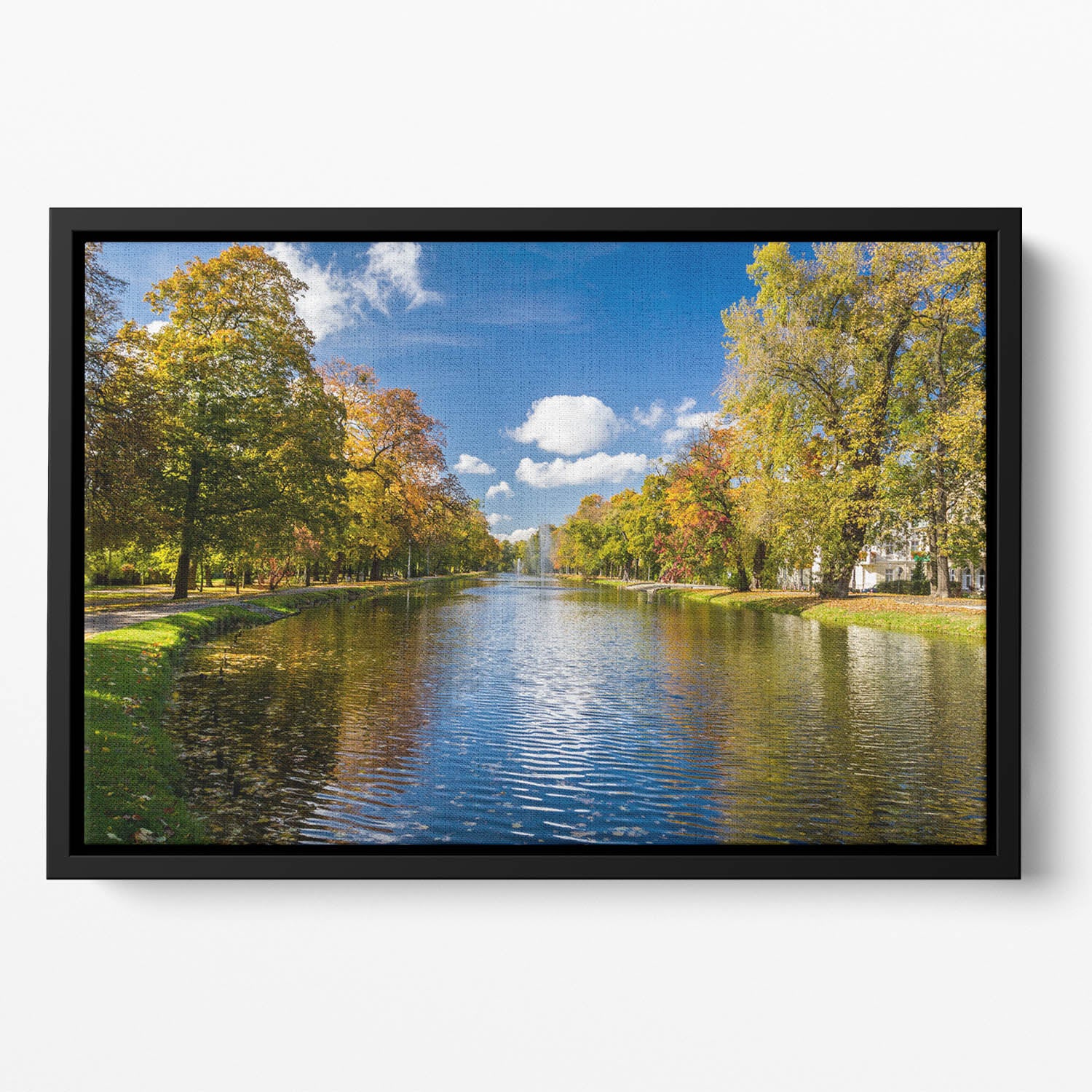 autumn park on the river Floating Framed Canvas